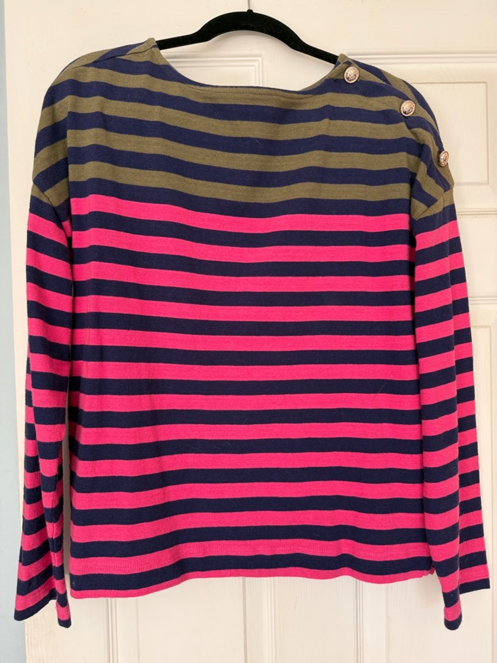 LOFT Navy, Hot Pink & Olive Striped Boatneck Top with Shoulder Buttons